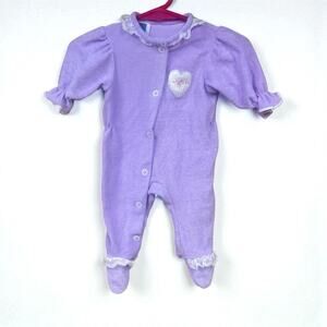 Vintage Carters Terry Cloth Footed Pajamas Purple Lace Ruffle Baby Girl Sz Small
